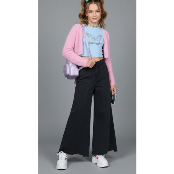 Tractr Grunge Skater 90s Y2k High Waisted Frayed Hem Denim Flare Jeans Girls' 24 - Picture 1 of 13